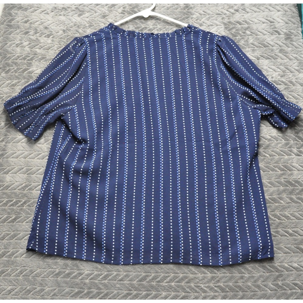 J.Crew Split Neck Blouse L Navy Blue New Dotted Stripe Ruffle Puff Sleeve (1829) - Picture 9 of 10